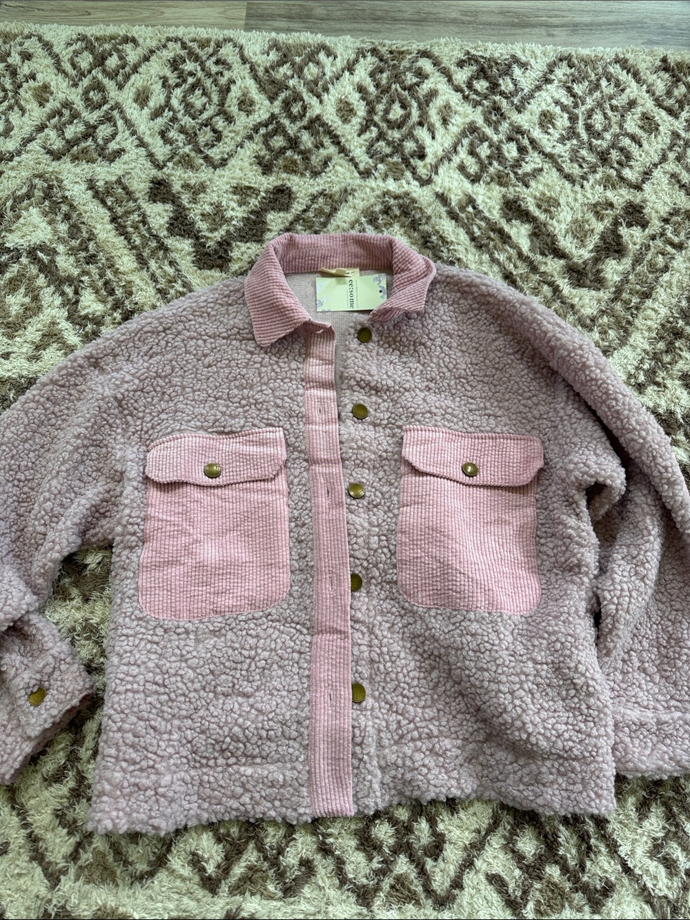 Pink Sherpa Button-Up Jacket with Corduroy Pockets